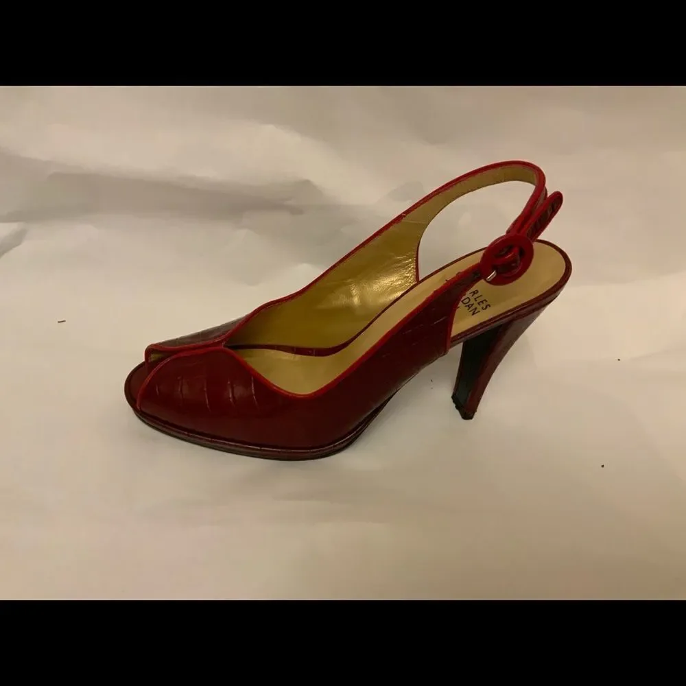 Charles Jourdan Red Alligator Print Peep Toe Heels  Size 5-1/2 M